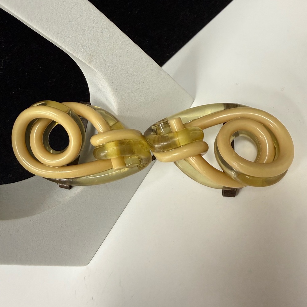 Vintage Swirled Celluloid Statement Belt Buckle Opaque Cream and Light Yellow